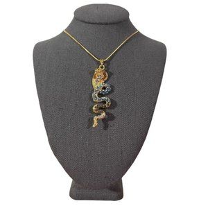 Colorful Gold Colored Necklace With Twisting Cobra Pendant Bejeweled Look